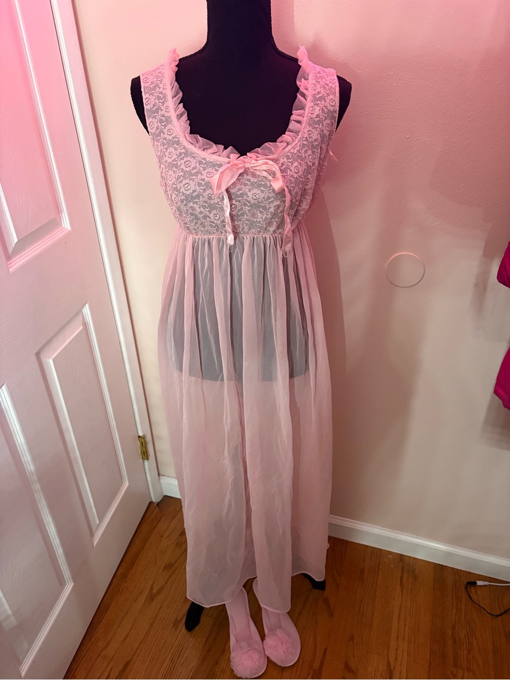 Vintage Gmc Sheer Pink Lace Ruffle Trim Babydoll Nightgown + Slippers